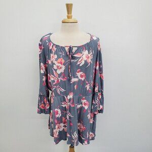 Lane Bryant Womens Floral Tropical Tunic Blouse Size 18/20 V-Neck Pink Gray Boho